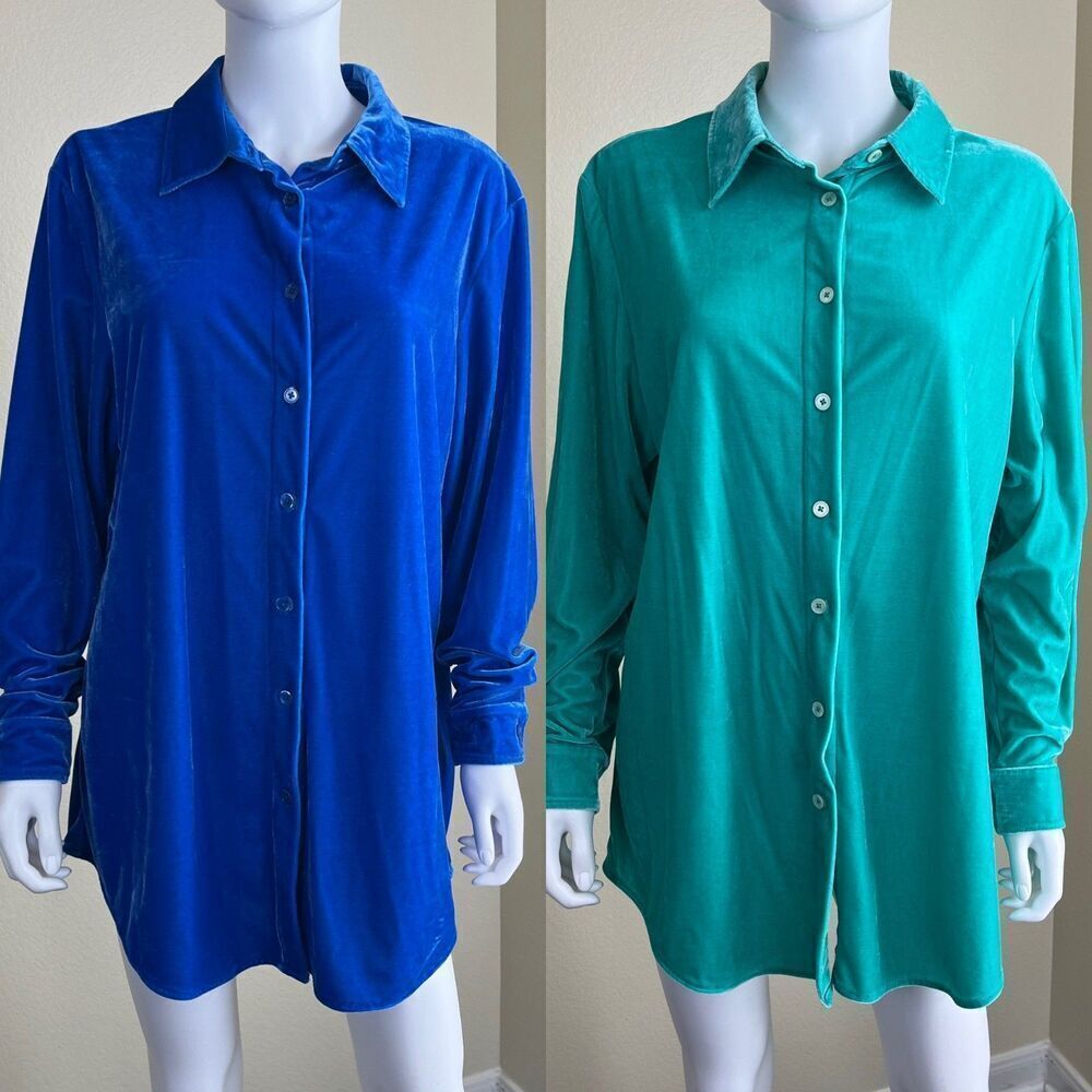 Soft Surroundings Womens Size L Stretch Velvet Boyfriend Button Down Tunic Shirt